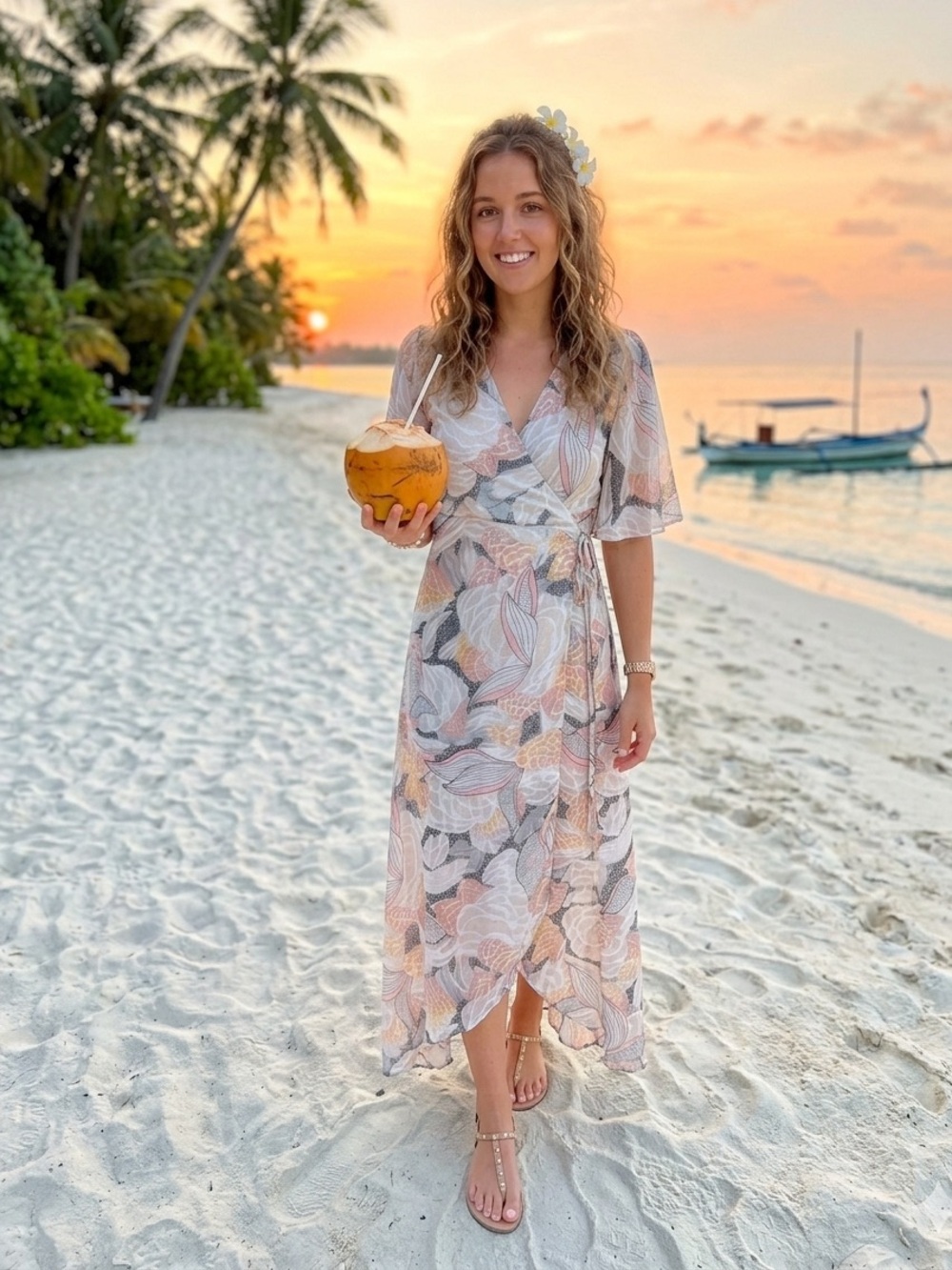 Molly Bracken Floral Wrap Maxi Dress in Blush, White & Gray